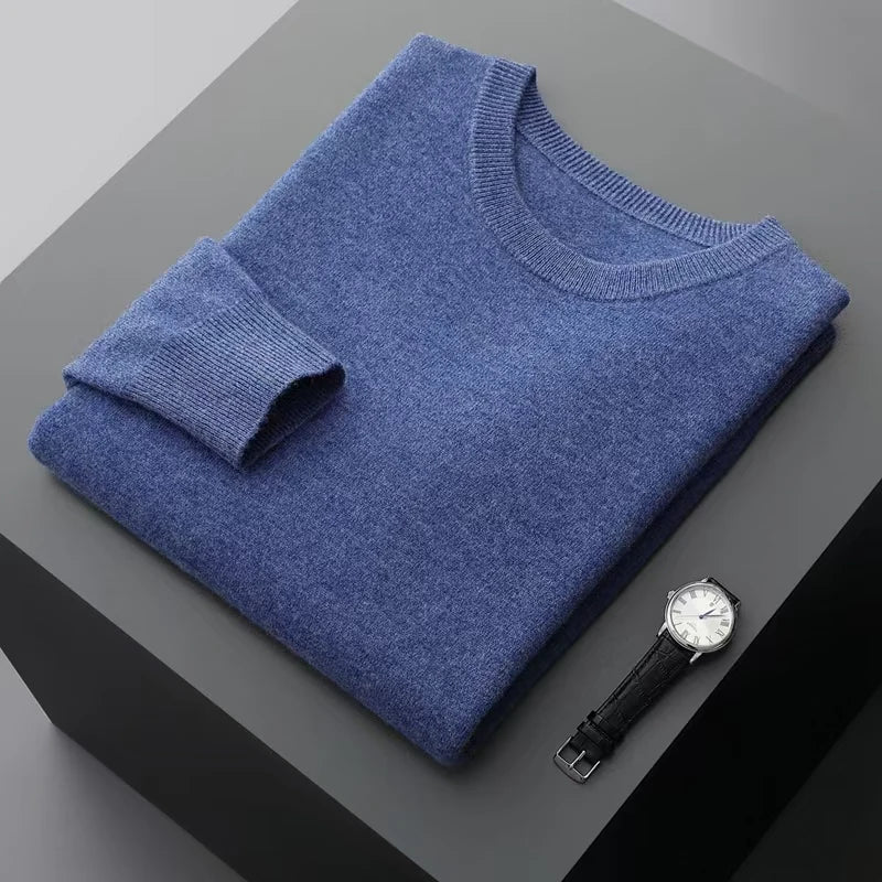 100% wool men's round neck solid color loose knit cashmere pullover for business and leisure, keeping warm in autumn and winter