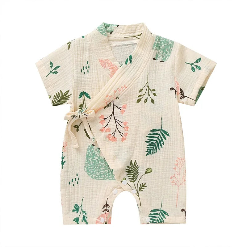 0-18M Summer Baby Girl Boys Clothing  Rompers Jumpsuit Short-sleeved Floral Print  Cute Soft Newborn Infant Baby Kimono Playwear