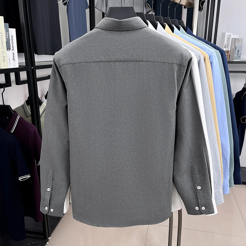 High End 100% Pure Cotton Long Sleeved Men's 2026 Spring Fashion Solid Color Business Casual Small Horse Logo Shirt
