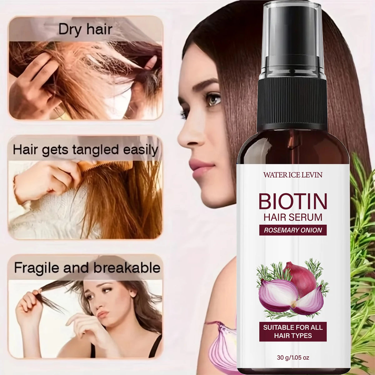 Biotin Rosemary Onion Hair Serum, Smooth & Supple Treatment for All Hair Types, Nourishing Growth Serum