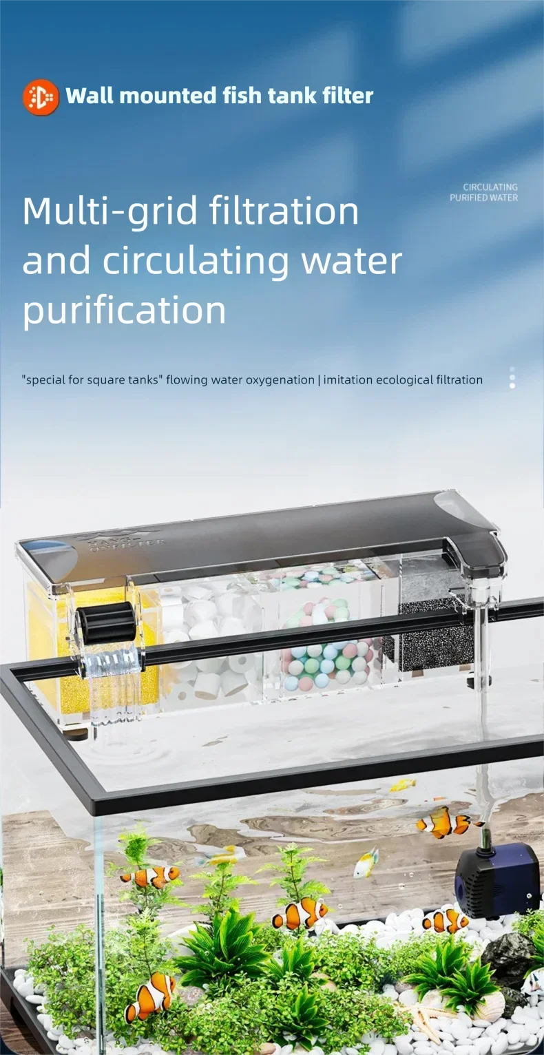 New Fish Tank Waterfall Filter Box Wall Mounted Built-in Silent Circulating Water Purifier For Aquarium Tank Box With Water Pump