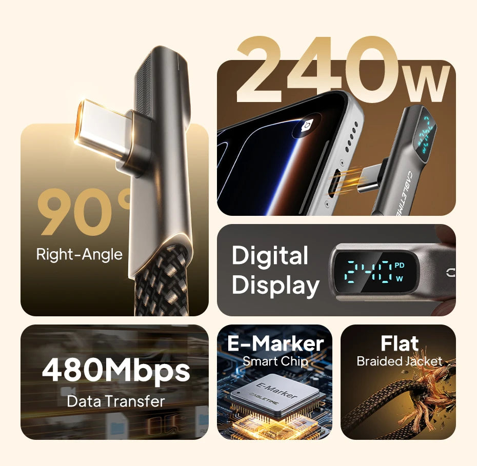 CABLETIME 240W USB C Cable Fast Charging Cable Data Sync Type C Display Cable for iPhone Duo iphone 18/17 Huawei MacBook Laptop