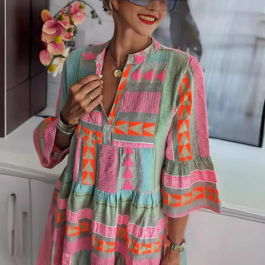 2026 Women Dresses V Neck Three Quarter Sleeve Pullover Dress Print Floral Vestidos Knee Length Loose Fit Casual Summer