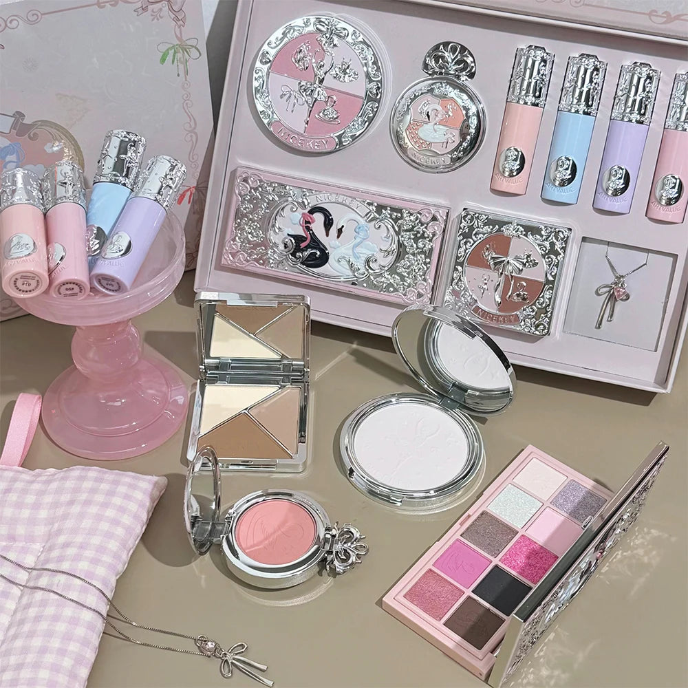 NICEKEY Face Makeup Sets Include 4 Lipgloss,1 Blush,1 Pressed Powder,1 Eyesshadow Palette,1 Contour Palette With Necklace Gift