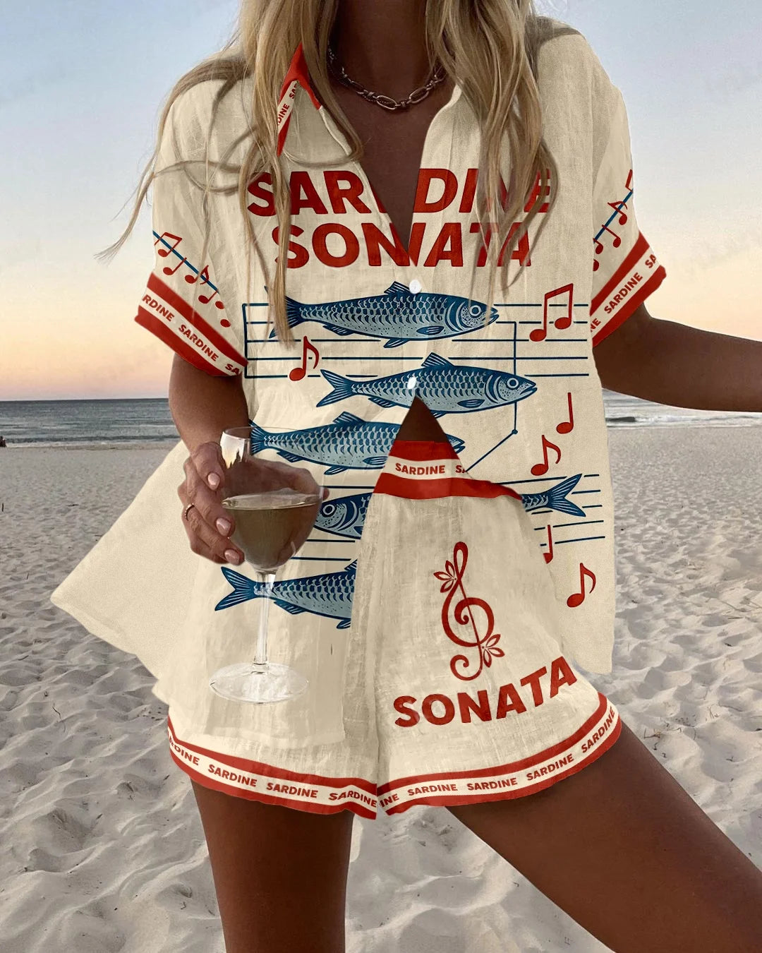 Summer Women's Print Beach Holiday Two-Piece Set Fashion Short Sleeve Buttoned Shirt with Wide Leg Shorts Casual Outfit
