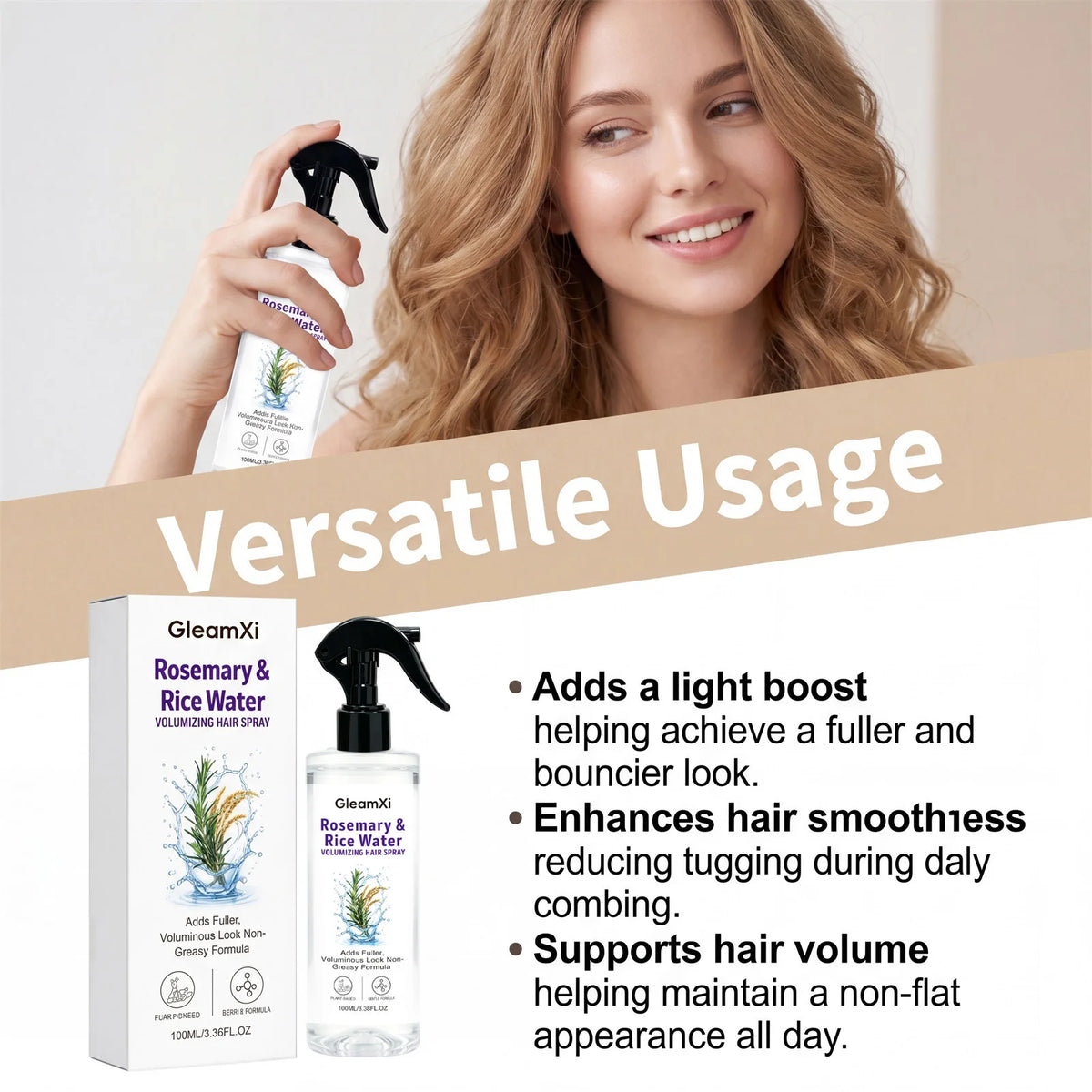 Rice Water Hair Volumizing Spray Rosemary Extract Fuller Look Mist Plant Based Non Greasy Fine Thin Hair Care