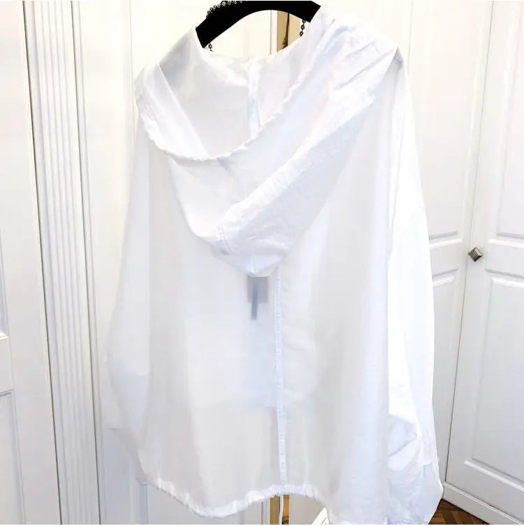 Women Hooded Jackets Summer Sun-proof Zipper Coats Thin Loose See Through Outerwear Breathable Outwear Lightweight Clothes White