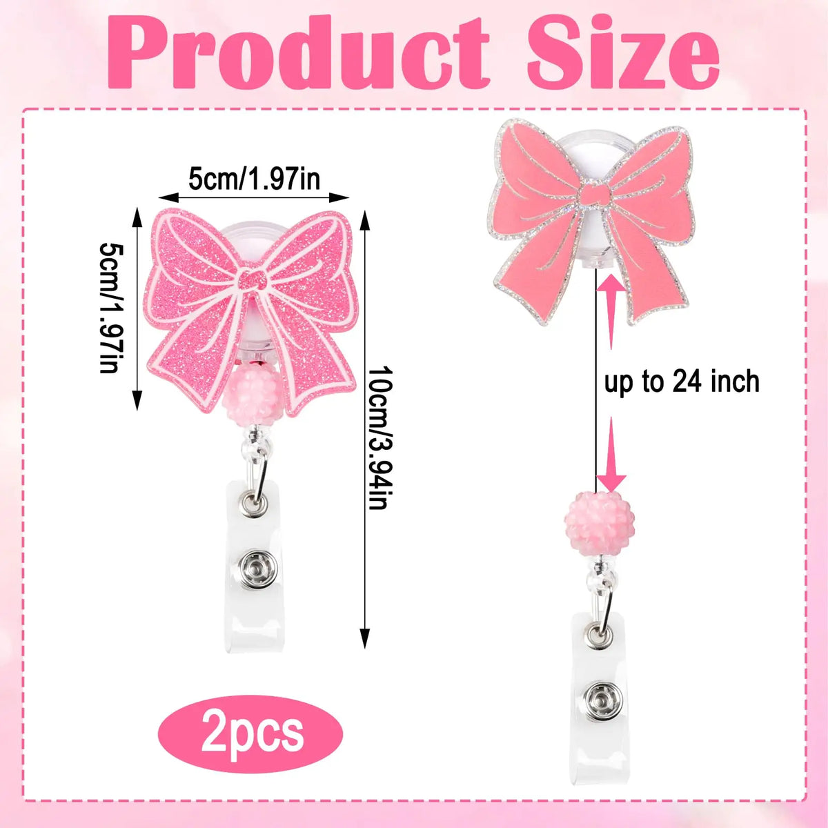 Pink Bow Badge Reel Cute Badge Reel with Alligator Clip ID Badge Holder Funny Sparkly Glitter Retractable Nursing Badge Reels