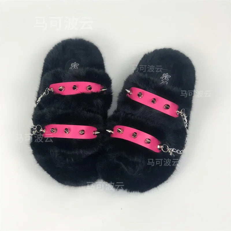 Y2K style winter outdoor shoes for women Faux fur warm slippers Fashion rivet Punk shoes