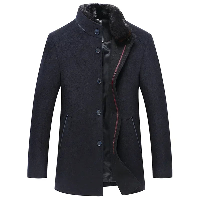 New Winter Men Business Casual Woolen Blends Fur Collar Male Cashmere Trench Coats High Quality Overcoats Warm Jackets Size 3XL
