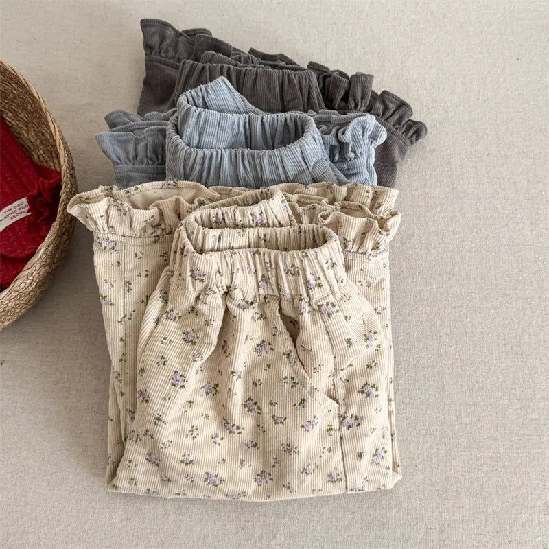 deer jonmi 2026 New Spring Baby Girls Wide Leg Pants Floral Printed Korean Style Corduroy Ruffles Toddlers Kids Casual Trousers
