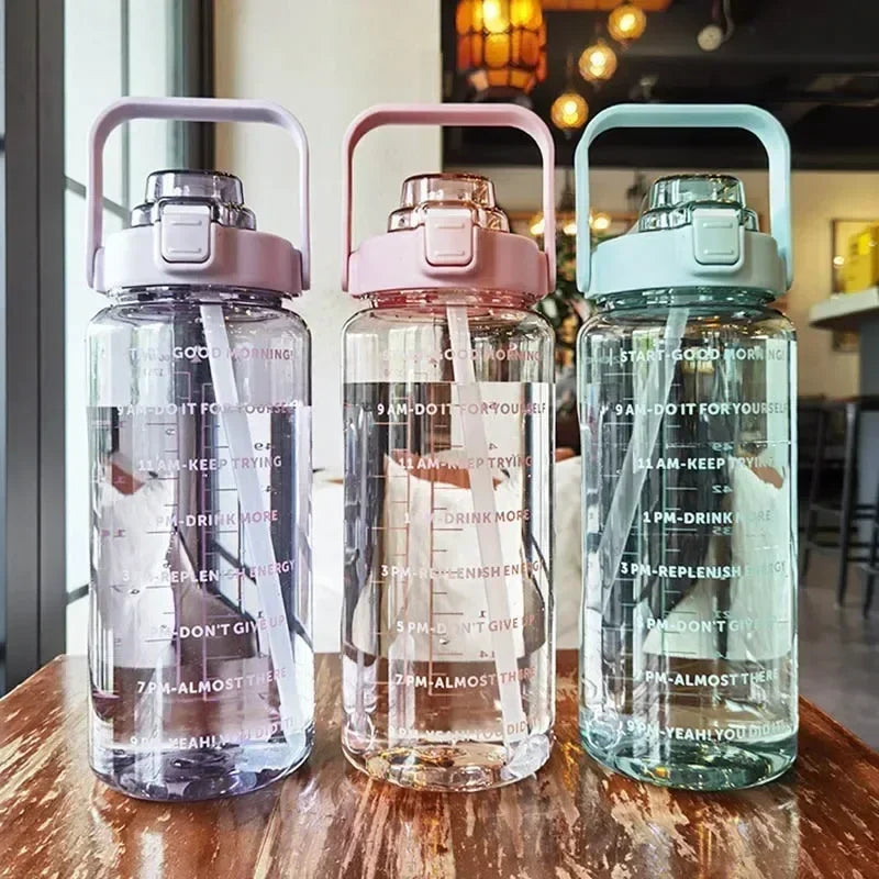 2L Water Bottle Portable Straw Plastic Water Cup for Outdoor Sports Fitness Adult High Value Big Fat Cup with Time Marker