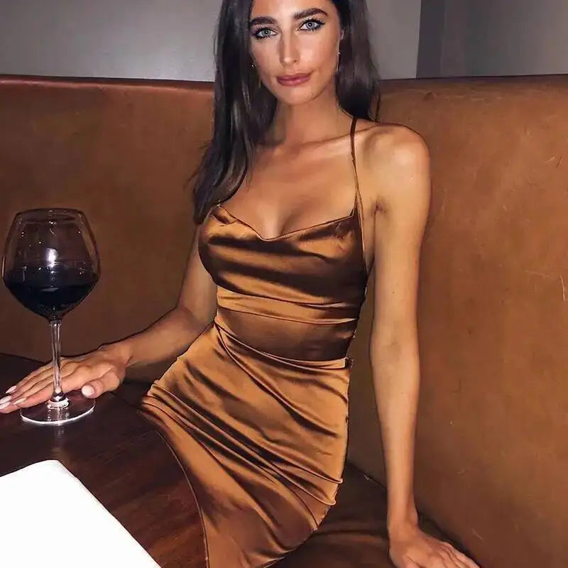 Satin Lace Up Women's Long Midi Dress Light Pink Bodycon Backless Elegant Party Sexy Club Clothes Summer Dinner Outfit