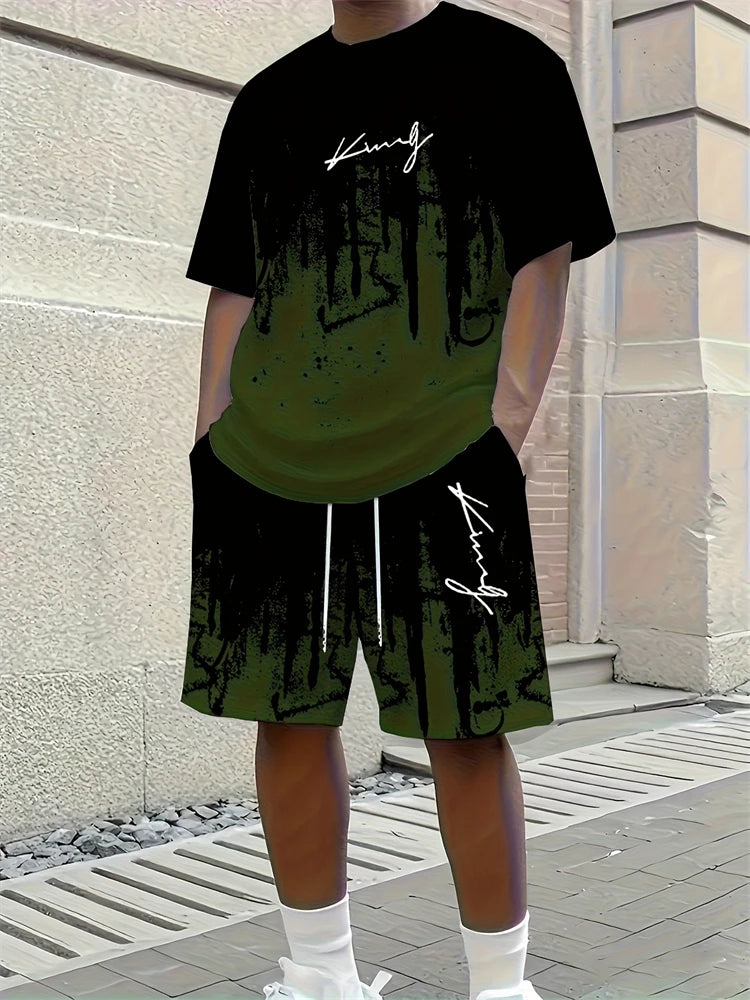 2026 New Spring/Summer Simple Letter 3D Printed Men's Casual Short-sleeved Set, Outdoor Street Fashion Trendy Men's Top And Shor