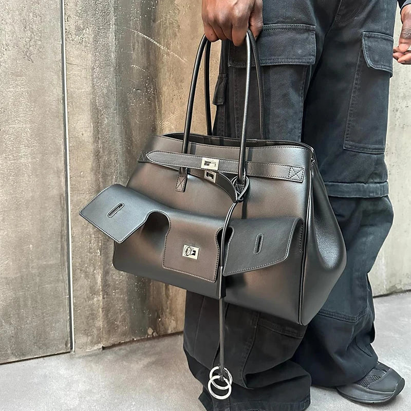 High-quality Soft PU Leather Brand Tote Bag, Lock Design Large-capacity Storage Handbag, Women Commuter Shoulder Bag For Daily