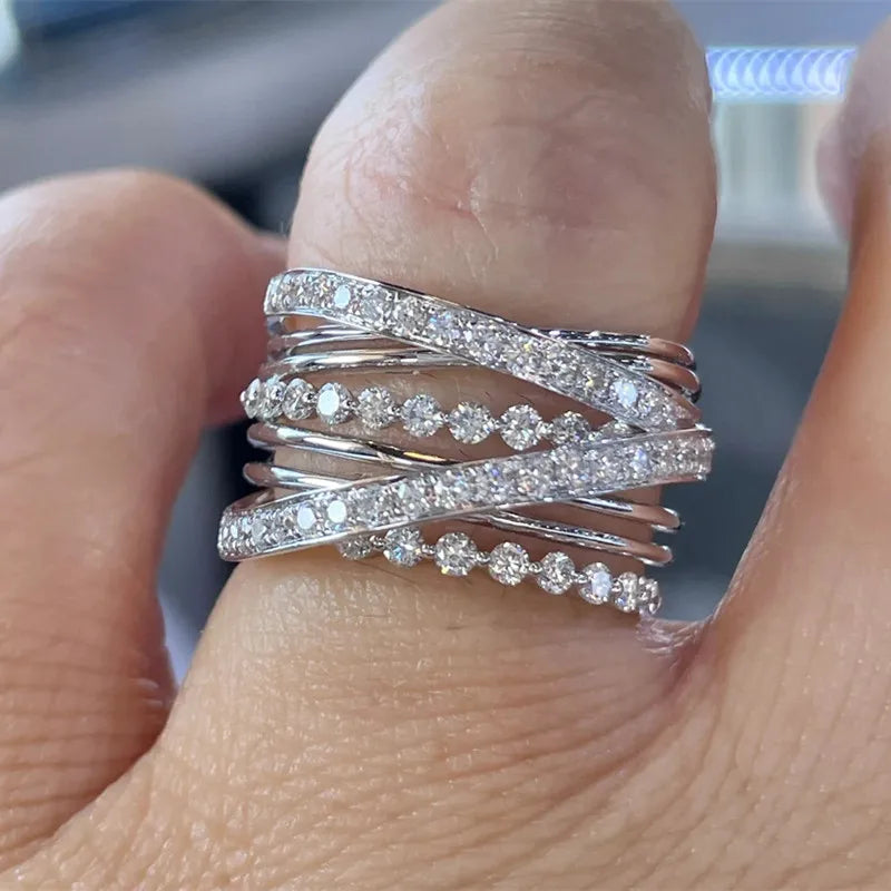 Huitan Luxury Women Rings Full Paved Sparkling Cubic Zirconia Fashion Cross Rings Silver Color Female Rings for Party Jewelry