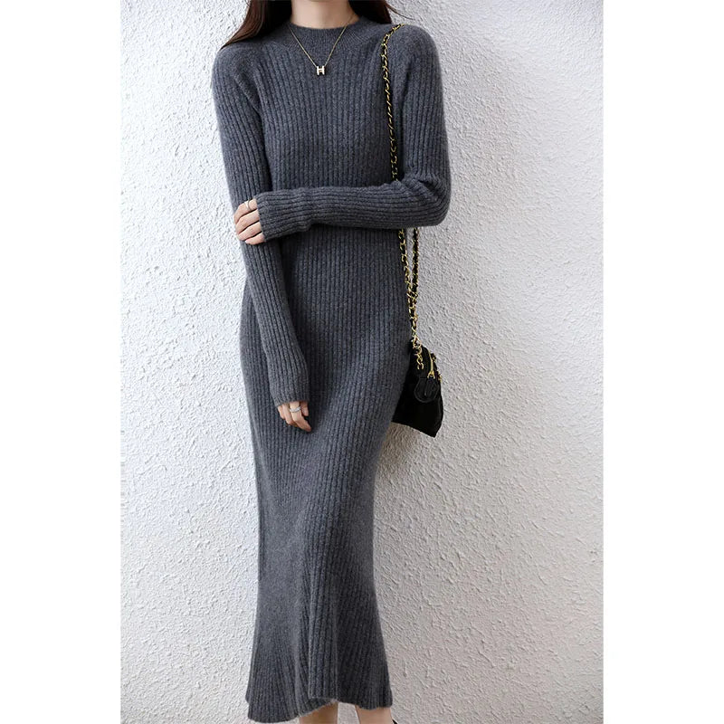 Cashmere Sweater Womens Dresses 100% Merino Wool Autumn Winter New Elegant Knitted Long Dress Female Casual Warm Skirts Vestidos