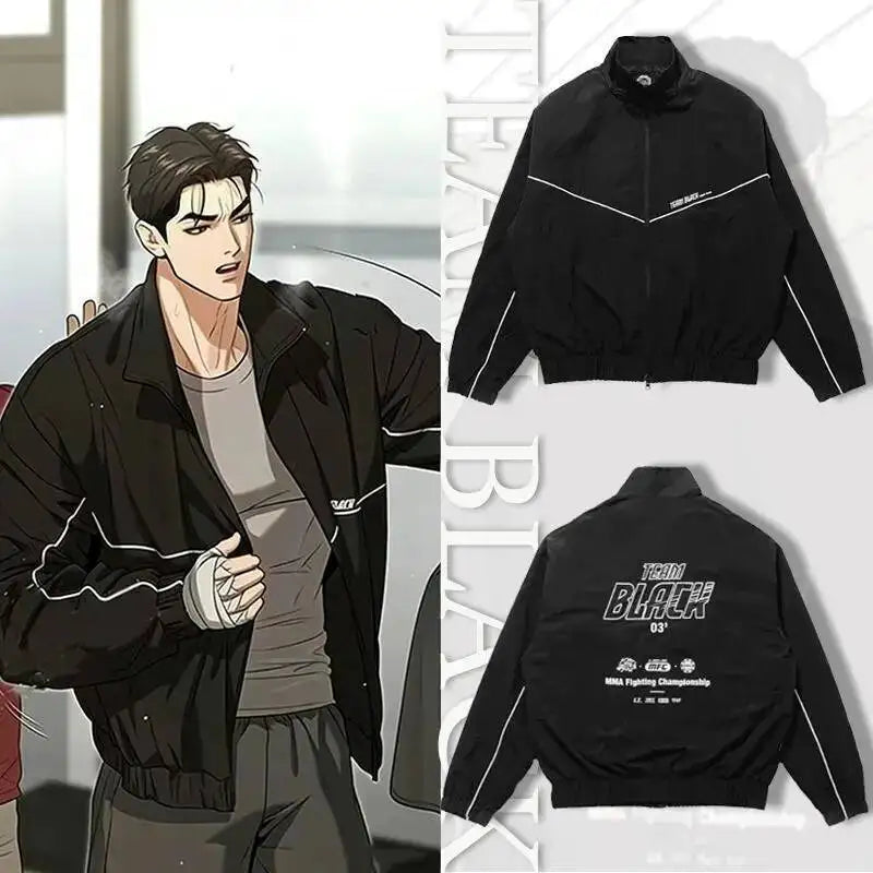 Korean Manhwa Jinx Team Black Windbreaker Jacket Men Women Sports Coat Loose Track Activewear Joo Jaekyung Y2K Coat Unisex