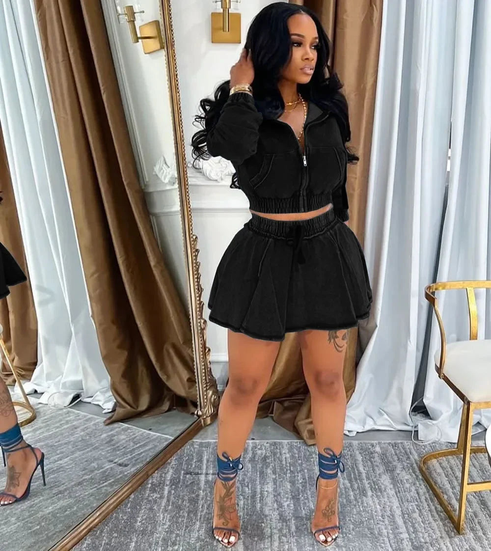 Women Two Piece Sets Skirt Set Denim Hooded Zipper Full Sleeve Tops Short Skirts A Line High Waist Y2k Streetwear Elegant 2026