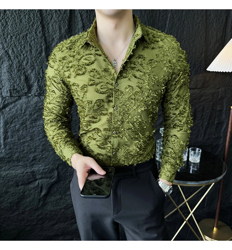 Tassels Shirts For Men Korean New Autumn Winter Long Sleeve Men's Social Shirt Slim Fit All Match Plain Color Blouse Homme 4XL-M