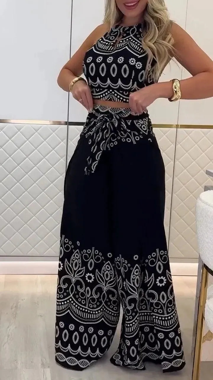 Summer New Fashion Printed Casual Loose Suit Literary Retro Sleeveless Halter Top Wide-leg Pants Commuting Two-piece Sets