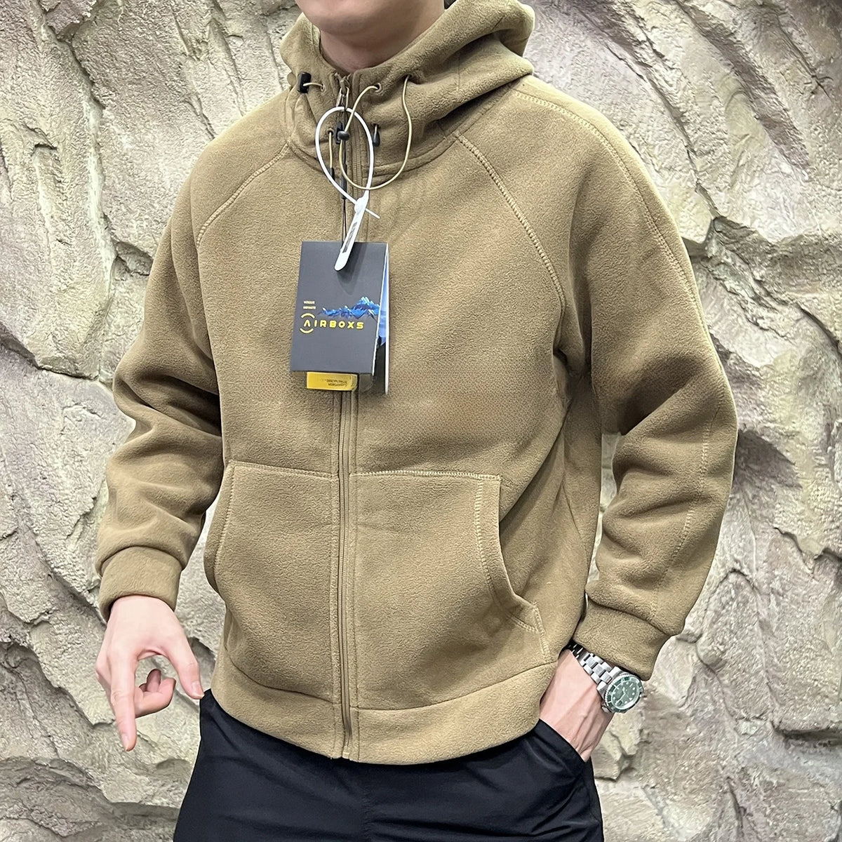 Heavyweight 620g Double-Sided Fleece Hoodie Jacket Quick Warmth Winter Men's Long Sleeve Zipper Closure Outdoor Style Polyester