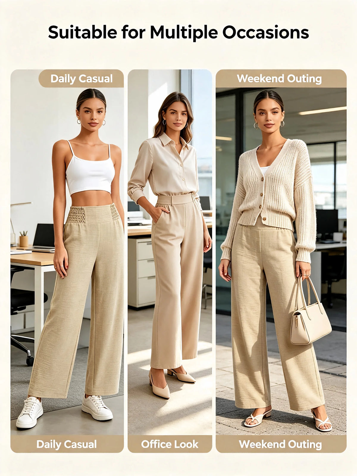 Women's High Waist Wide Leg Pants Elastic Waist Casual Loose Straight Leg Trousers for Daily Office Wear