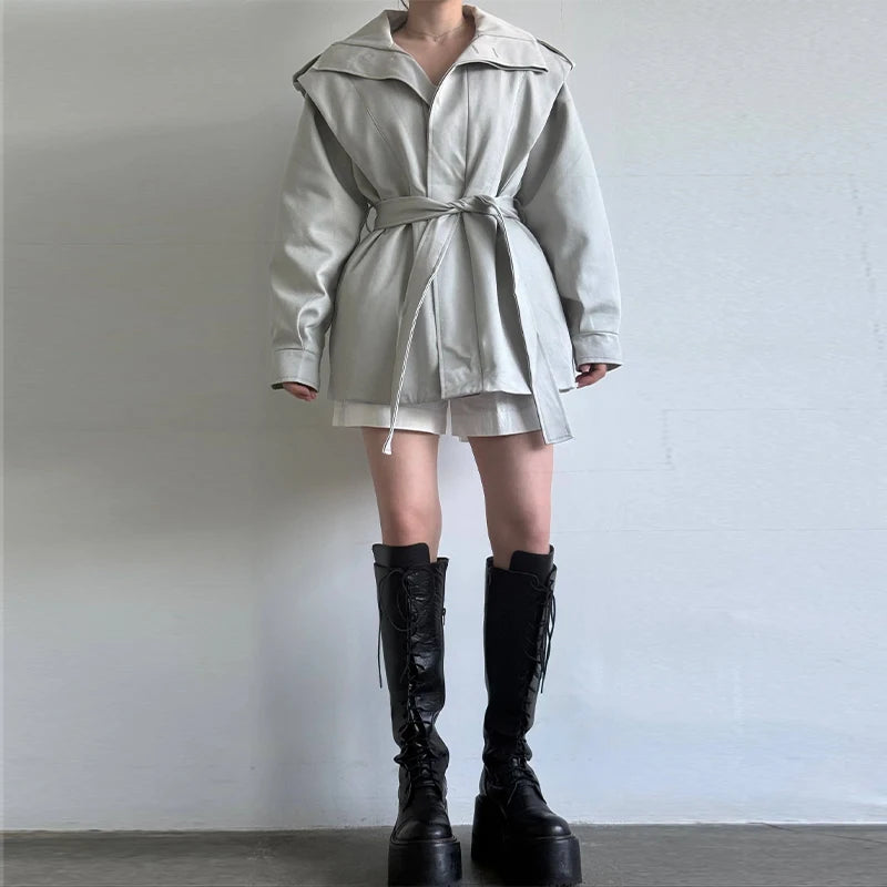 Solid Stand Collar Padded Coat Waist Tie Belt Long Cape Sleeve Button Zipper Loose Women Coats 2026 Autumn Commute Chic Outfit