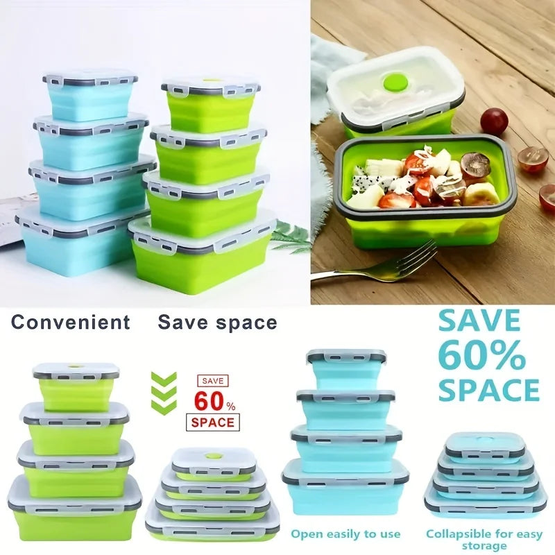 1/4pcs Collapsible Silicone Food Storage Container Stackable Space Saving Lunch Box Microwaveable Foldable Kitchen Accessories
