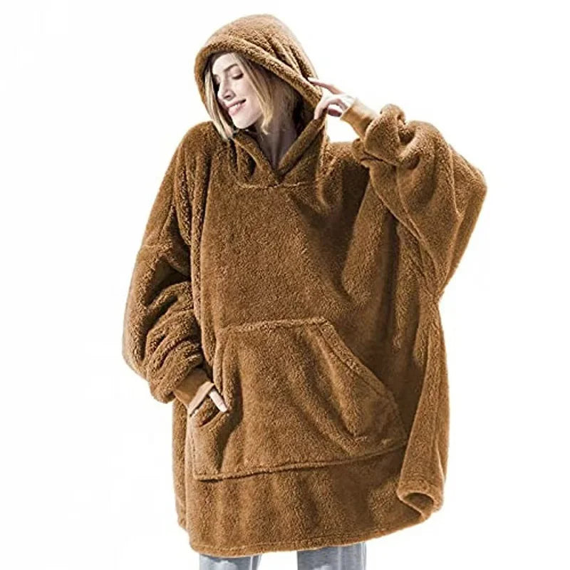 Autumn Winter Men Women Double Sided Velvet Hoodie Thick Coat Can Wear Blanket Couple's New Home Loose Hooded For Male Clothes