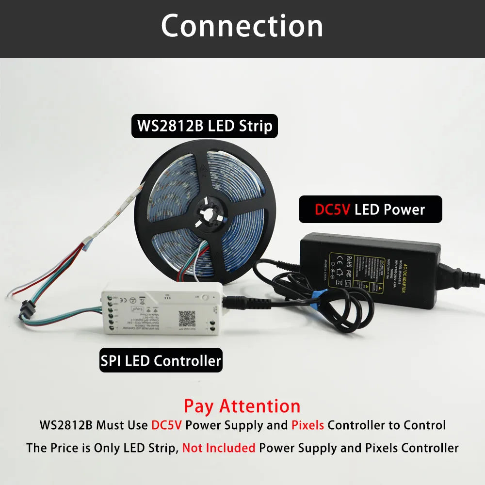 DC5V WS2812B SMD5050 RGBIC LED Strip WS2812 30/60/74/96/144Leds/Pixels Individually Addressable White/Black PCB Smart LED Lights