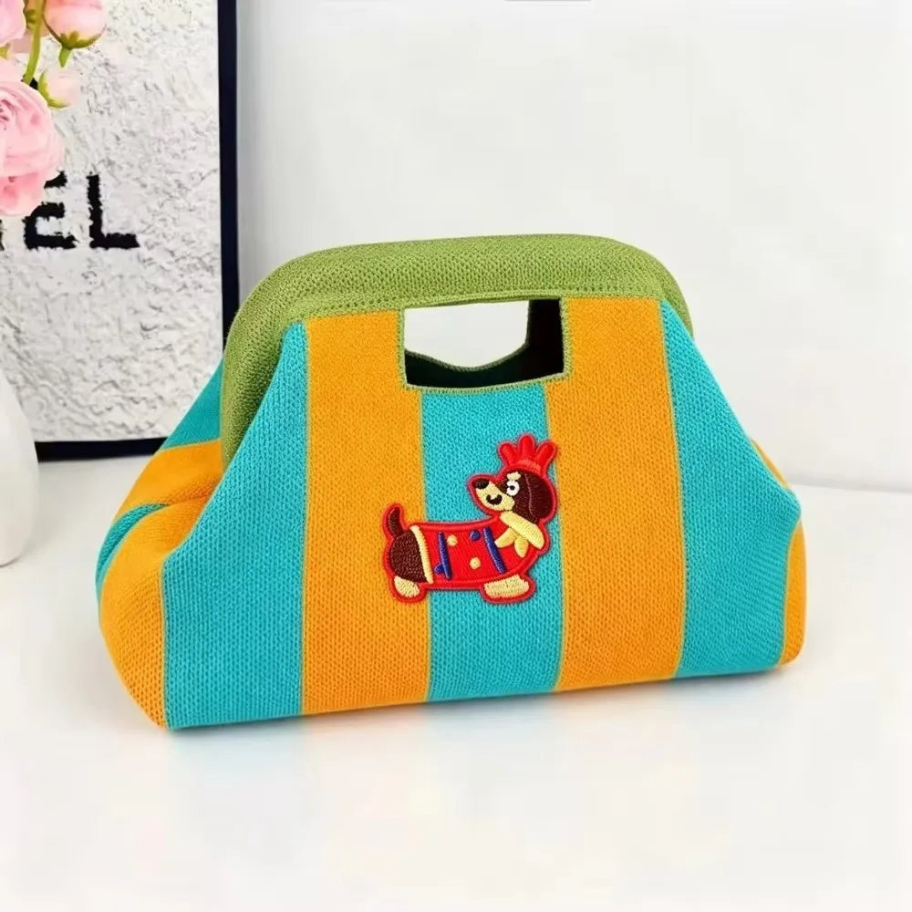 New Woven Bag Hollow-Out Striped Knitted Handbag Fly-Knitted Cloud Versatile Portable Cosmetic Bag