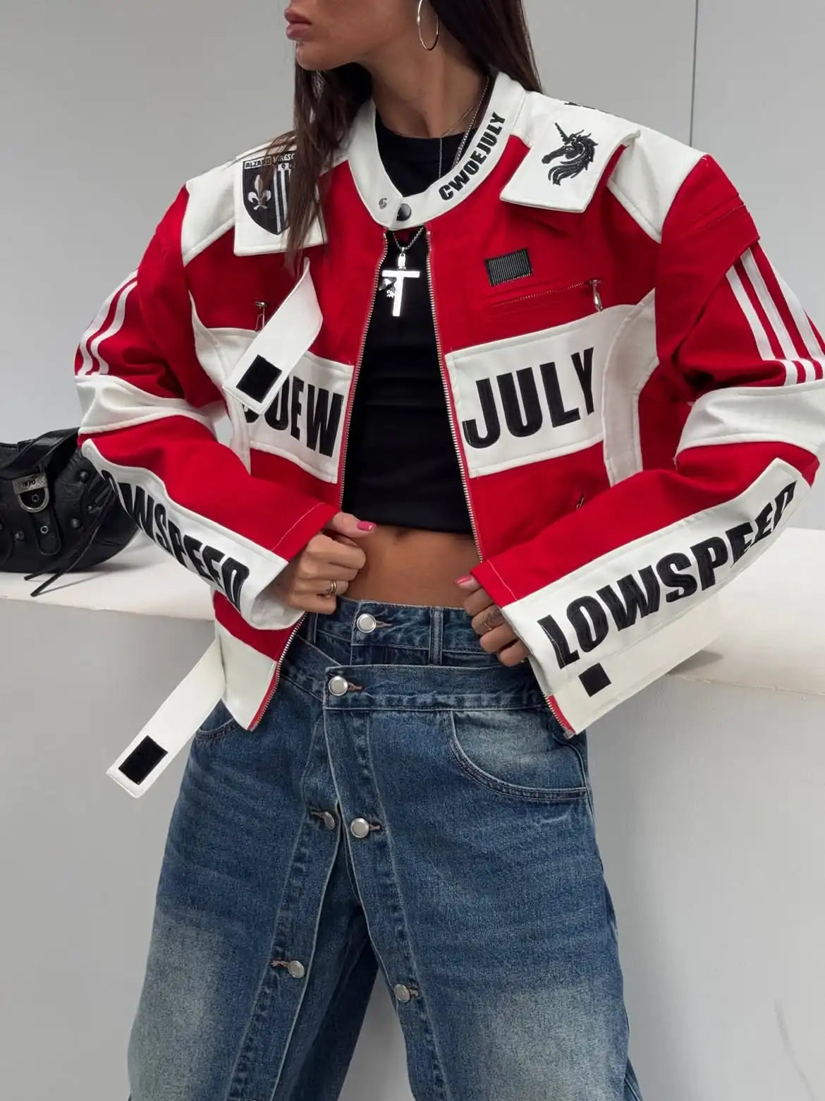 New Women Cropped Racing Jacket Red White Color Block Letter Print Zip Up Streetwear Moto Coat Women Hip Hop Daily Street Outfit
