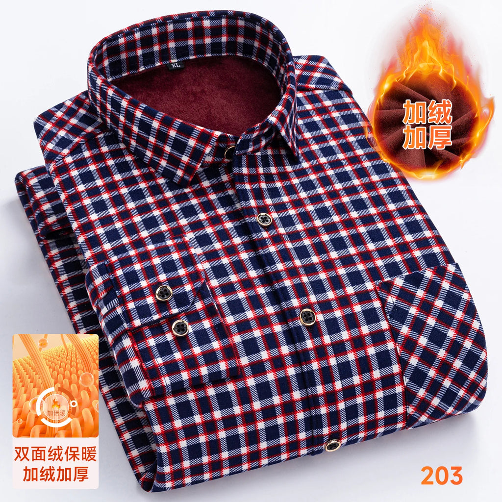2025 Men's Winter Warm Shirts Long Sleeve Plaid Print Flower Autumn Thickened Fleece Street Trend Casual Dress Shirts 8XL 7XL