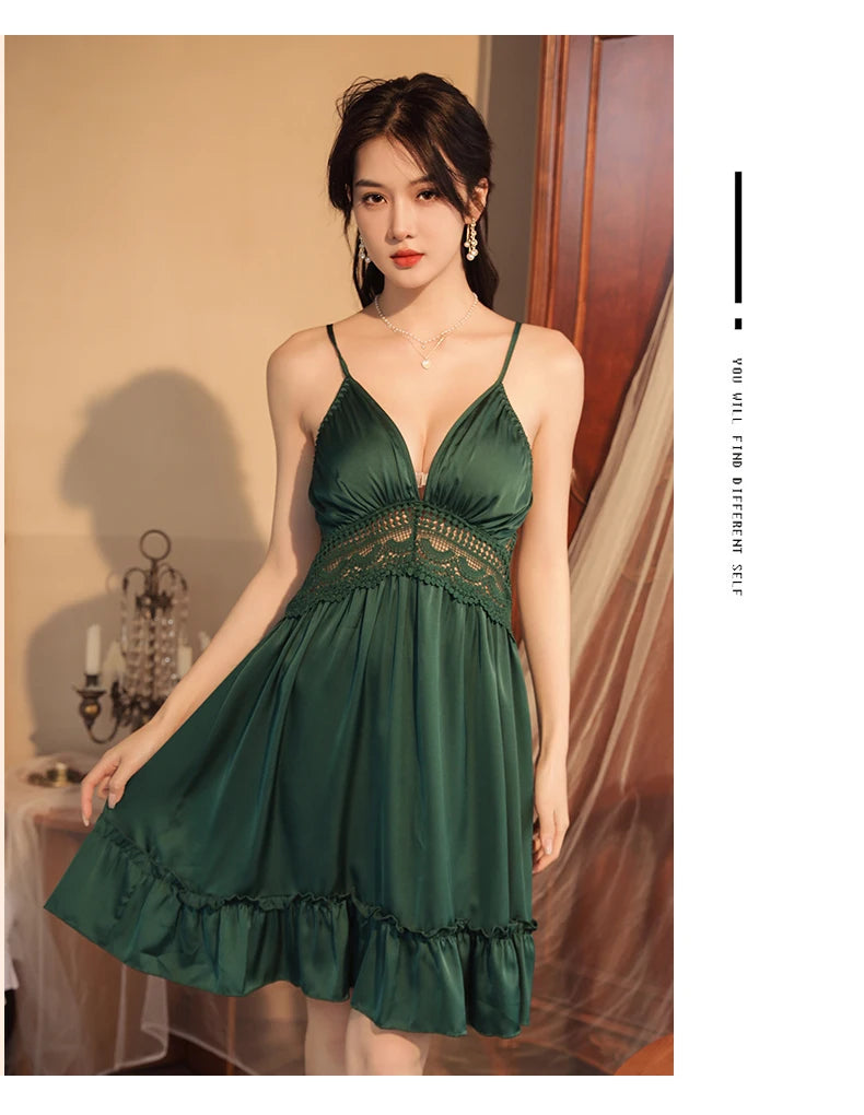Women Satin Sleepwear Deep V Neck Lace Trim Ruffle Hem Chemise Nightgown