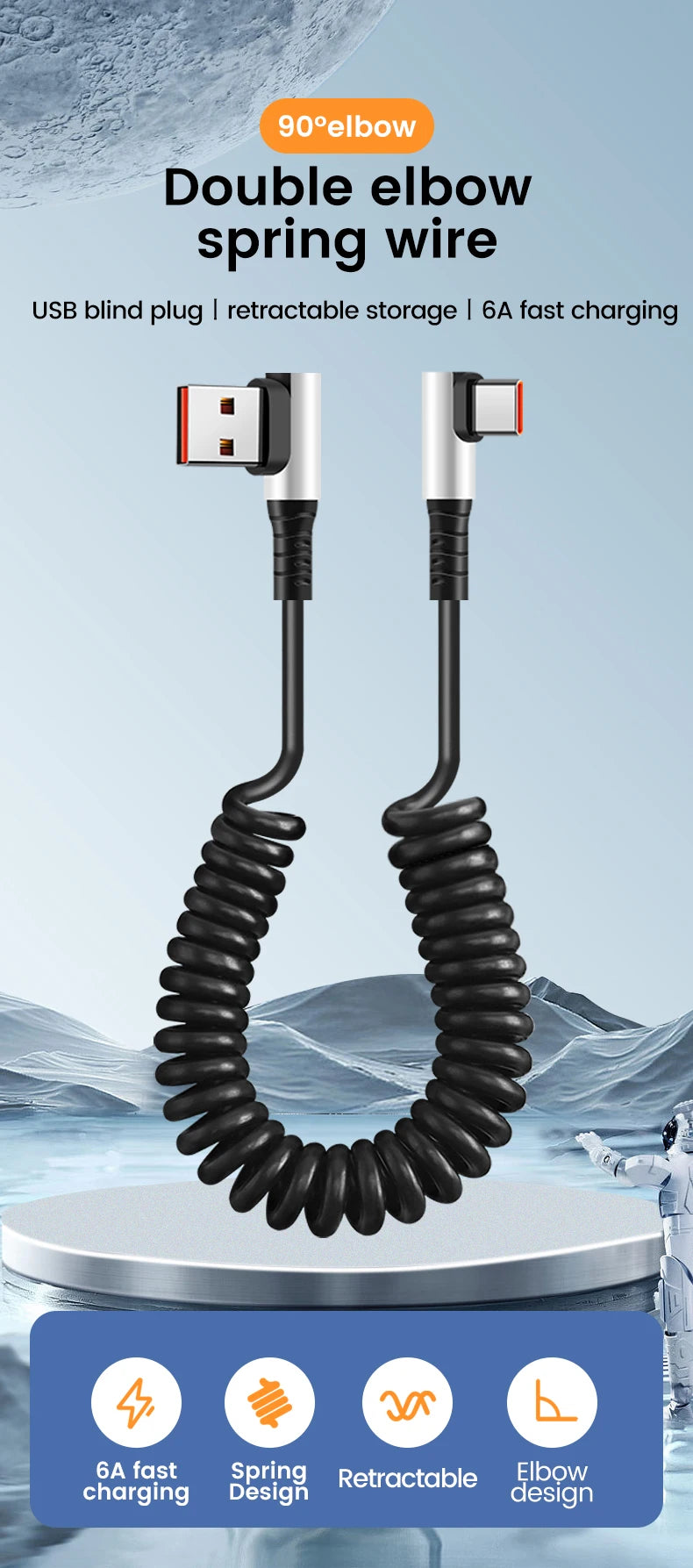 90 Degree Elbow Spring Cable USB Type C 6A Fast Charging 0.35-1.6M Retractable Data USB C To Type C Cable For iphone 15 Android