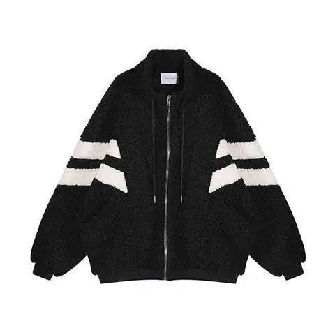 Women Causal Color Block Fleece Jacket Drawstring Zip Up Loose Contrast Striped Warm Winter Coat for Daily