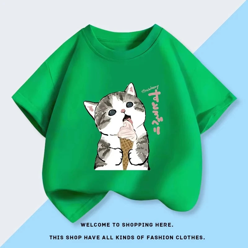 2026 New Mofusand Cat Girl's Clothing Short Sleeved T-shirt Baby Pure Cotton Top Summer New Clothes Children's Base Shirt