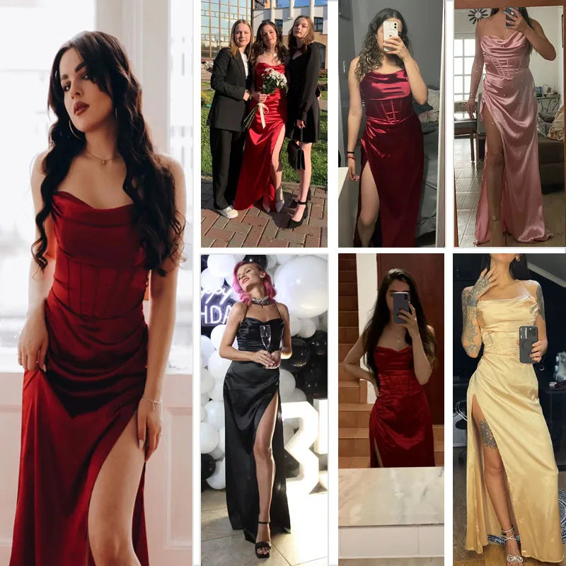 Red Sexy Backless Party Dresses for Woman Satin Long Dress Elegant Evening Birthday Maxi Dress Wholesale Item for Business