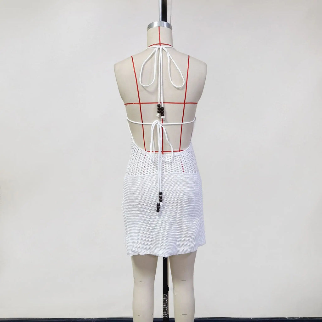2026 Women's Sexy Hollow-Out Backpack Hip-Revealing Halter Neck Suspender Strap Knit Beach Dress Women Dress Elegant Fashion