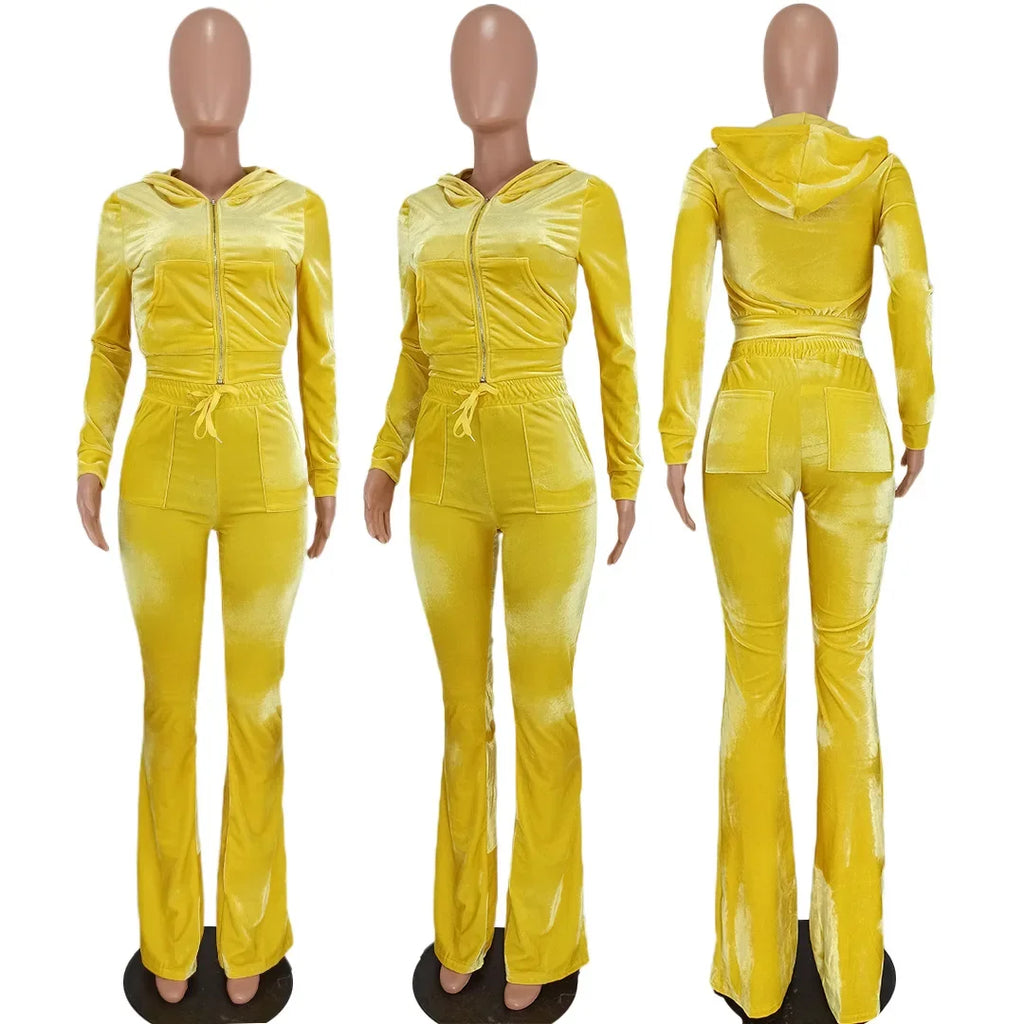 Hot Sale Fall Women's hoodie Set Zipper Pocket Crop Top Jacket Velvet Jogging suit Velour tracksuits Women Two Piece set