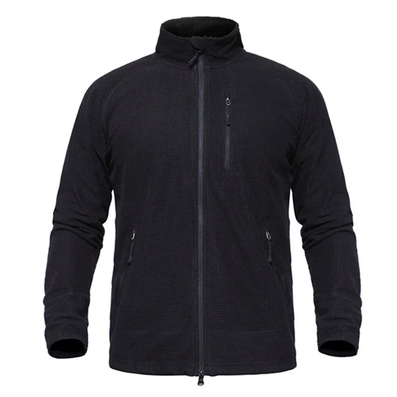 Men's Tactical Grid Fleece Jacket Full Zip Stand Collar Warm Windproof Outdoor Hiking Fishing Fleece Coat Base Layer