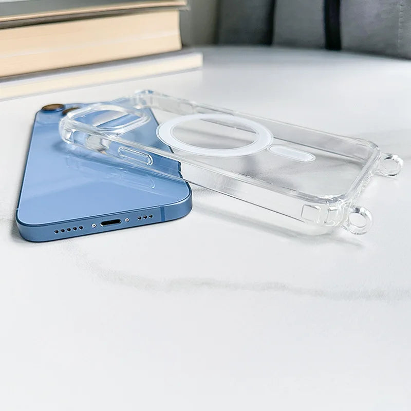 Crossbody Lanyard Clear Magnetic Case For iPhone 18 17 Air 16 15 Plus 14 13 12 Pro Max For Magsafe Acrylic Hard PC Back Cover