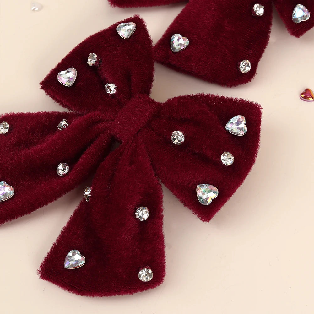 Velvet Bow Hair Clips with Heart Rhinestone Detail, 2-Pack