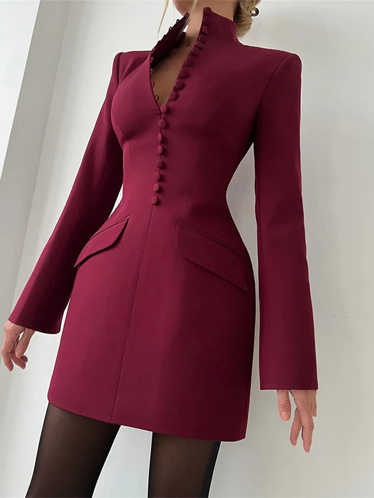 Nibber Elegant Fashion Office Style Dress Woman Button Pocket Decoration Stand Collar Simple Full Sleeve Casual Mini Bodycon