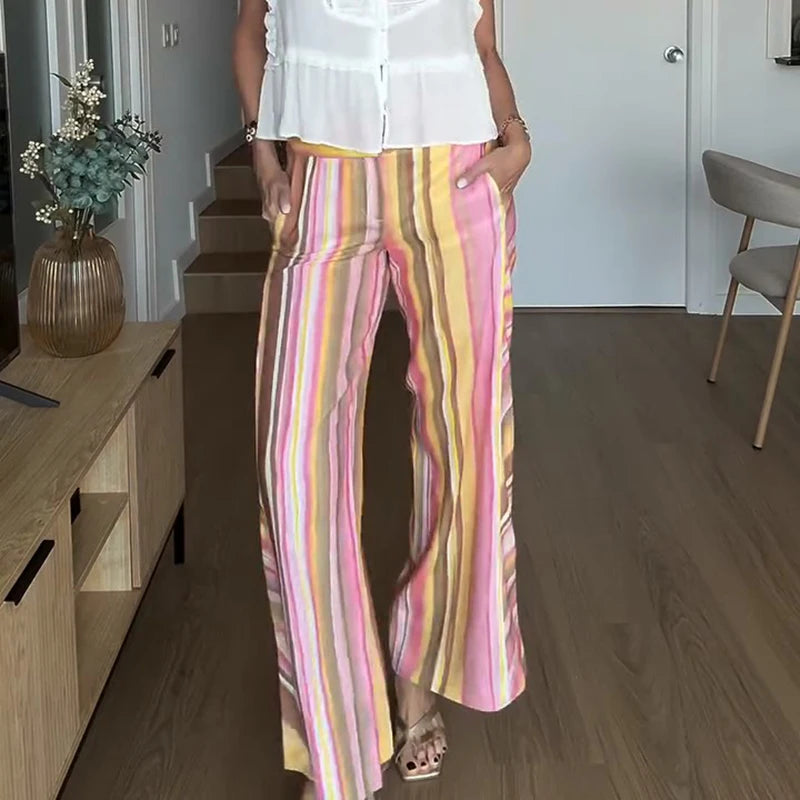 Stripe High-Waisted Wide Leg Trousers Straight Leg Linen Blend 2026 Spring Summer Chic Minimalist Streetwear Vacation Trouser
