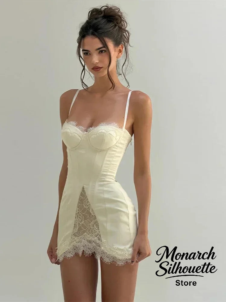 Solid Satin Lace Corset Mini Dress Women Sexy Spaghetti Strap Sheer Panel Slim Fit Short Dresses 2026 Trendy Lady Night Out Wear