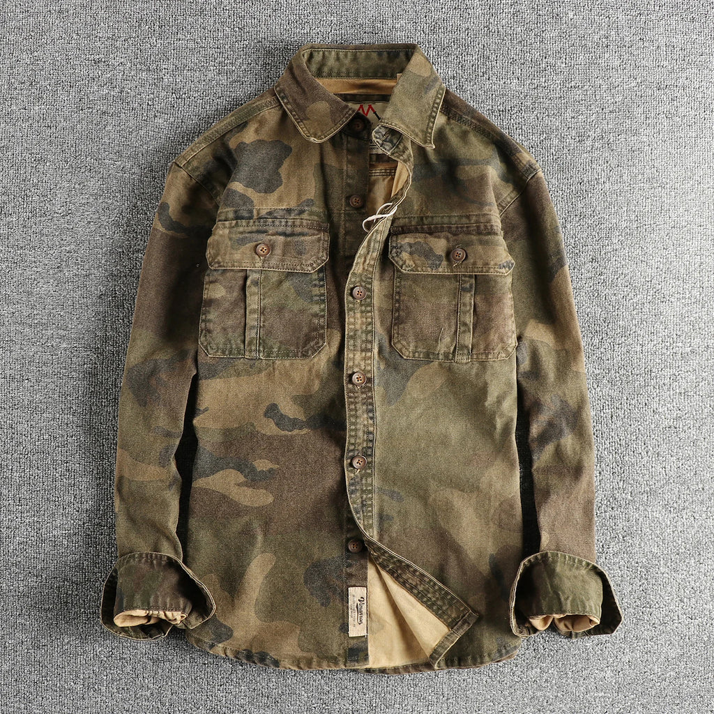 2024 Autumn and Winter New American Retro Woven Camouflage Cargo Shirt Men's 100% Cotton Washed Old Double Pockets Thin Jacket