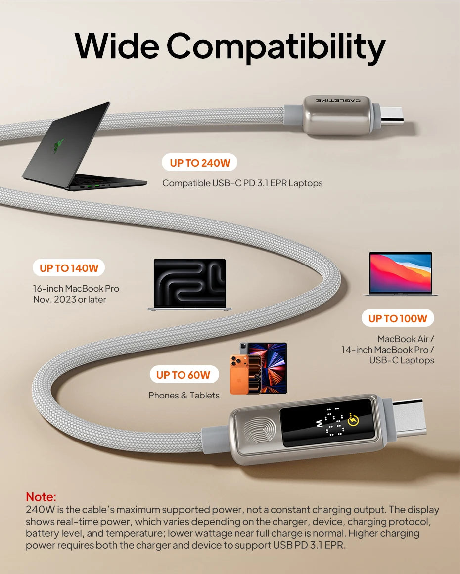 CABLETIME 240W USB C Cable Fast Charging Cable Data Sync Type C Display Cable for iPhone Duo iphone 18/17 Huawei MacBook Laptop