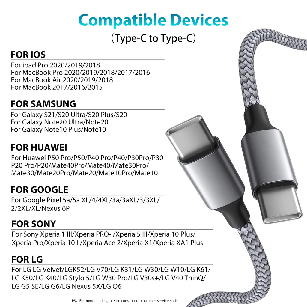 60W 1m/2m/3m/5m Dual-head Type-C Fast Charging Data Cable Mobile Phone Accessories Data Transmission for Samsung Huawei Millet